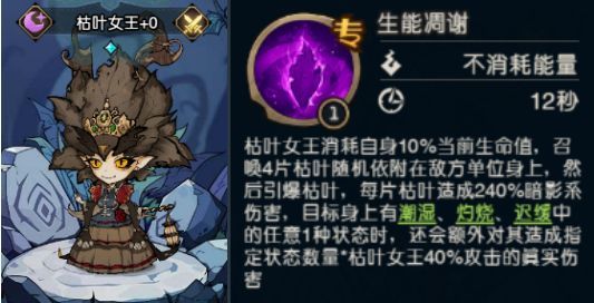 枯叶女王角色形象，身披枯叶战甲，手持荆棘长矛，身后飘散着燃烧的落叶