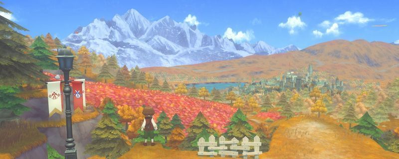 《牧场物语 来吧！风之繁华集市》游戏画面展示，角色在阳光明媚的牧场中耕种，周围是整齐的田地和欢快的小动物