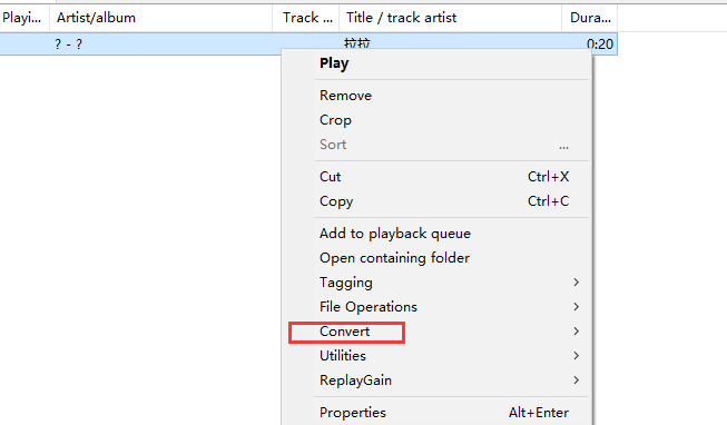 播放列表中右键菜单展开，convert选项被高亮显示