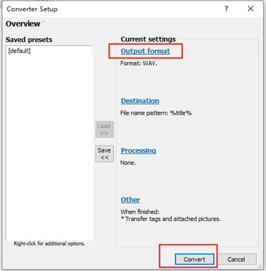 输出格式设置窗口，output format区域被选中，显示多种音频编码选项