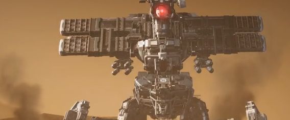 战斗地图中玩家拾取重型火箭筒，背景可见爆炸火光与倒下的机甲残骸