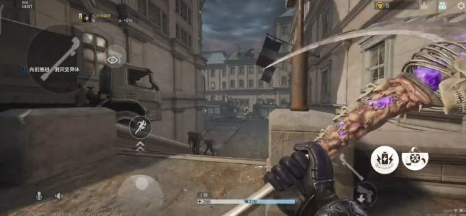 游戏中玩家使用镰刀在防守地图中对抗大量敌人，周围火花四溅，展现吸血技能触发效果