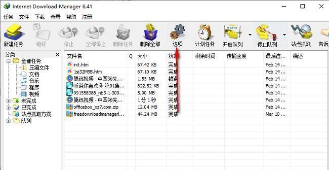 IDM软件主界面，顶部菜单栏高亮显示‘选项’按钮