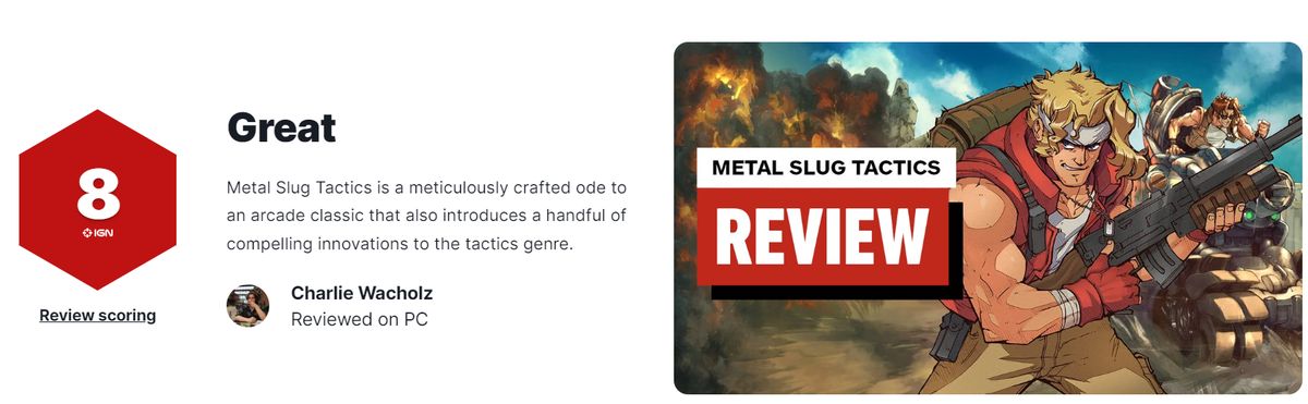 IGN为《合金弹头：战略版》打出8分评分的媒体页面截图，界面显示详细评测内容