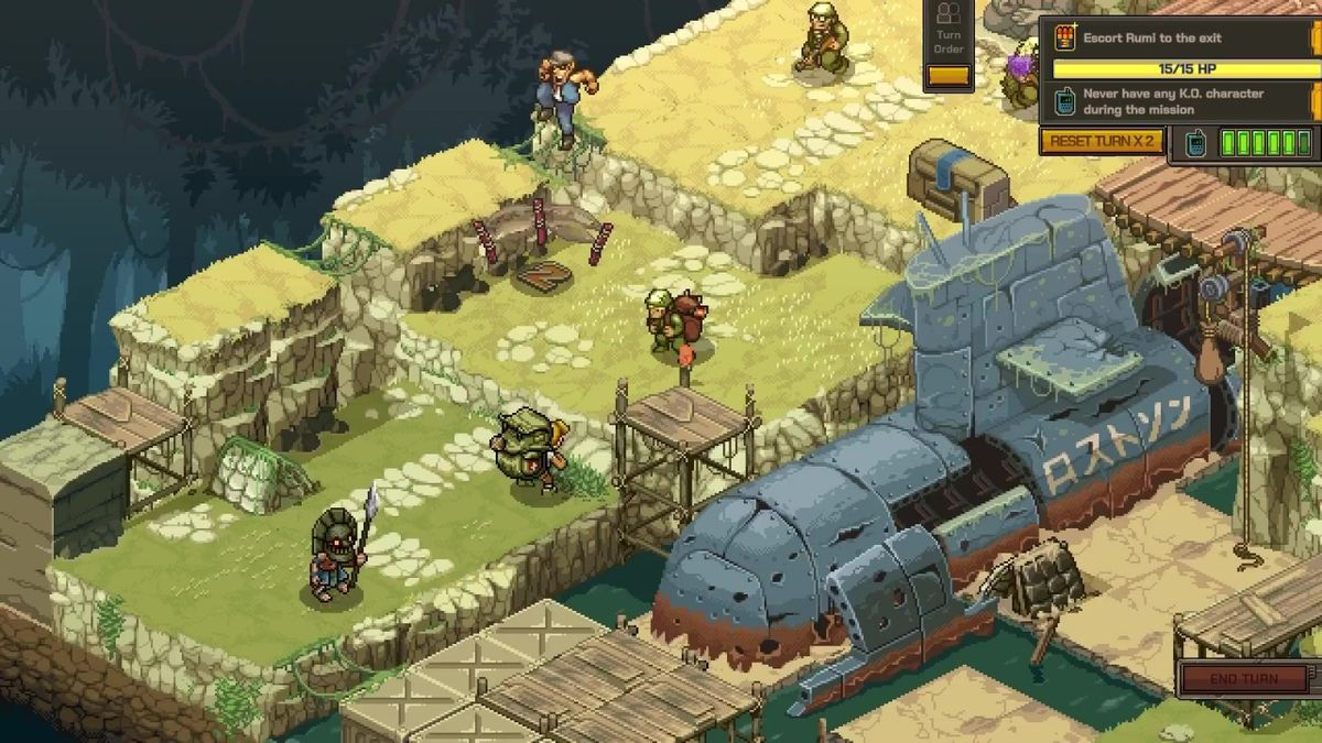 《合金弹头：战略版》游戏内战斗画面，角色在像素风格场景中进行策略布阵与火力对抗