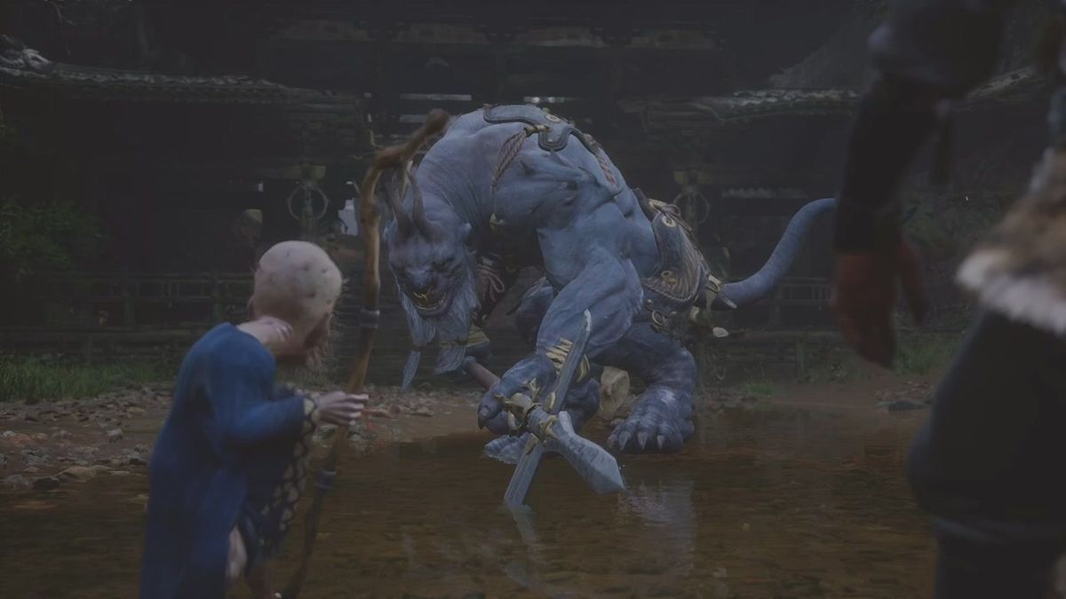 空中战斗场景，悟空腾云驾雾，背景为雷云翻滚