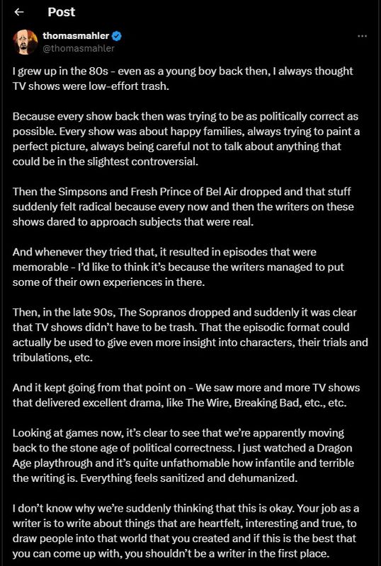 对比图展示《龙腾世纪：影障守护者》中角色对话场景，画面风格精美但表情与剧情显得程式化