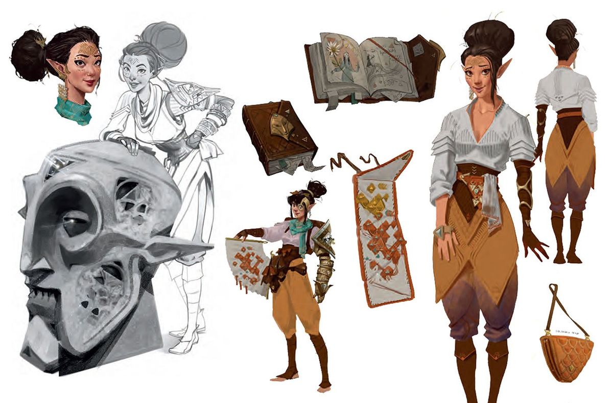 一名身穿异域风格长袍的角色站在沙漠神庙前，手持古老卷轴