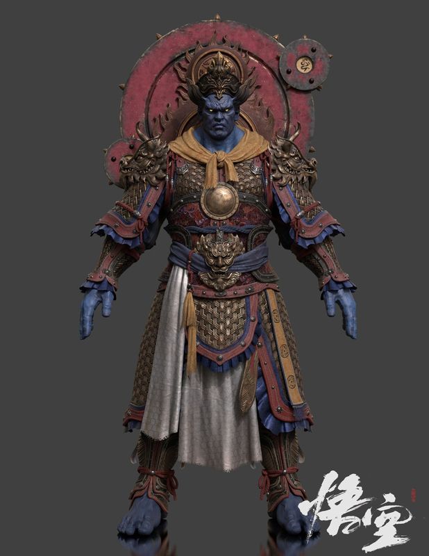 四大天王角色设定图，四位神将身披铠甲，手持法器，神情威严，背景带有祥云与雷光特效