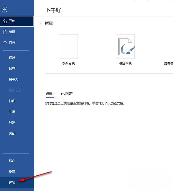 Word选项窗口左侧菜单栏中，选项按钮被选中，界面显示各项设置分类