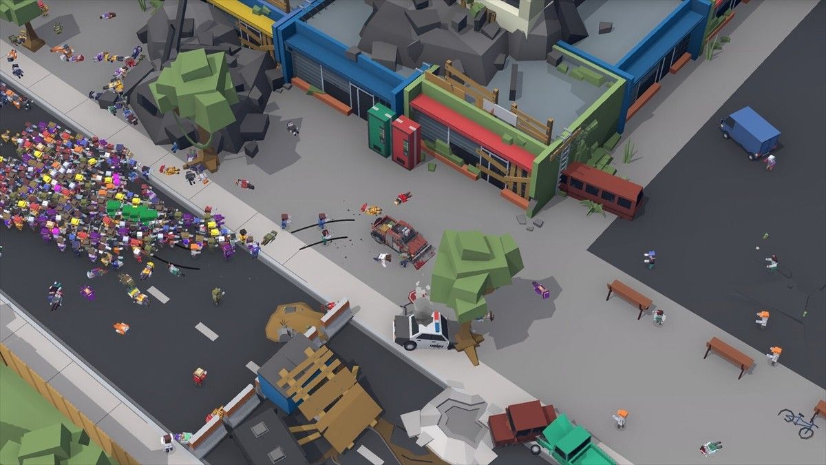 玩家驾驶摩托车在夜晚的城市街道飞驰，车头灯光照亮前方的丧尸群，画面充满紧张动感