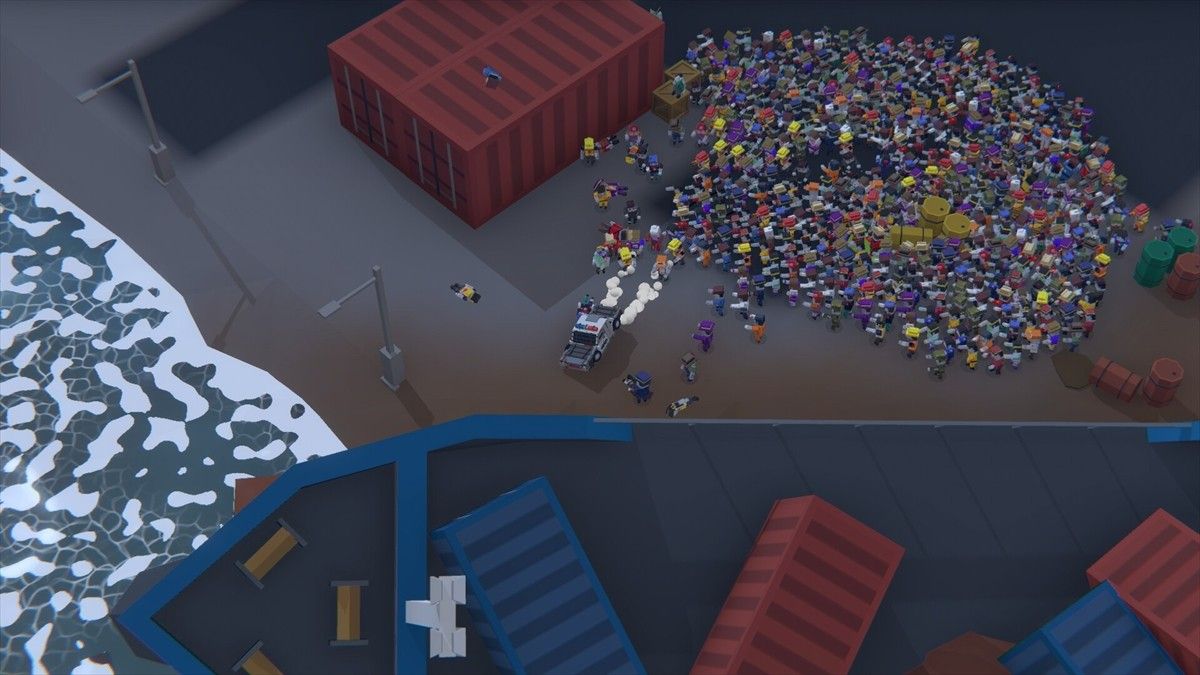 多人合作模式截图，两名玩家分别驾驶摩托与装甲车协同前进，共同对抗围攻的丧尸群