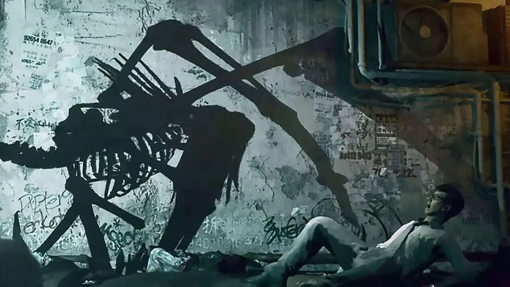 《野狗子：裂头怪》游戏封面，主角背对镜头站在昏暗街道，头顶悬浮着诡异的裂头怪物形象，整体氛围阴森压抑