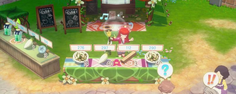 《牧场物语 来吧！风之繁华集市》中玩家在集市摆摊售卖商品的场景，摊位上摆放着蔬菜、牛奶等农产品，周围有NPC顾客驻足浏览