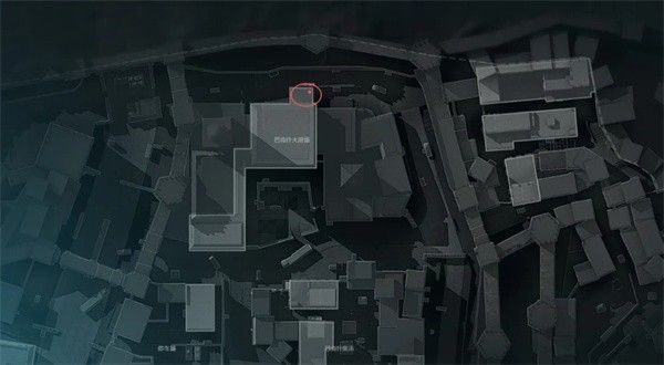 长弓溪谷地图右下角特写，箭头指向小屋旁的小径与隐藏门位置