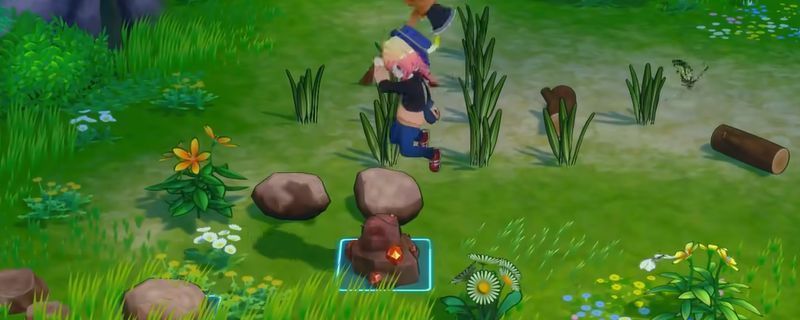 《牧场物语 来吧！风之繁华集市》后山矿点场景，角色正在跳跃敲击散落的矿石，周围环境为绿意盎然的山地地形