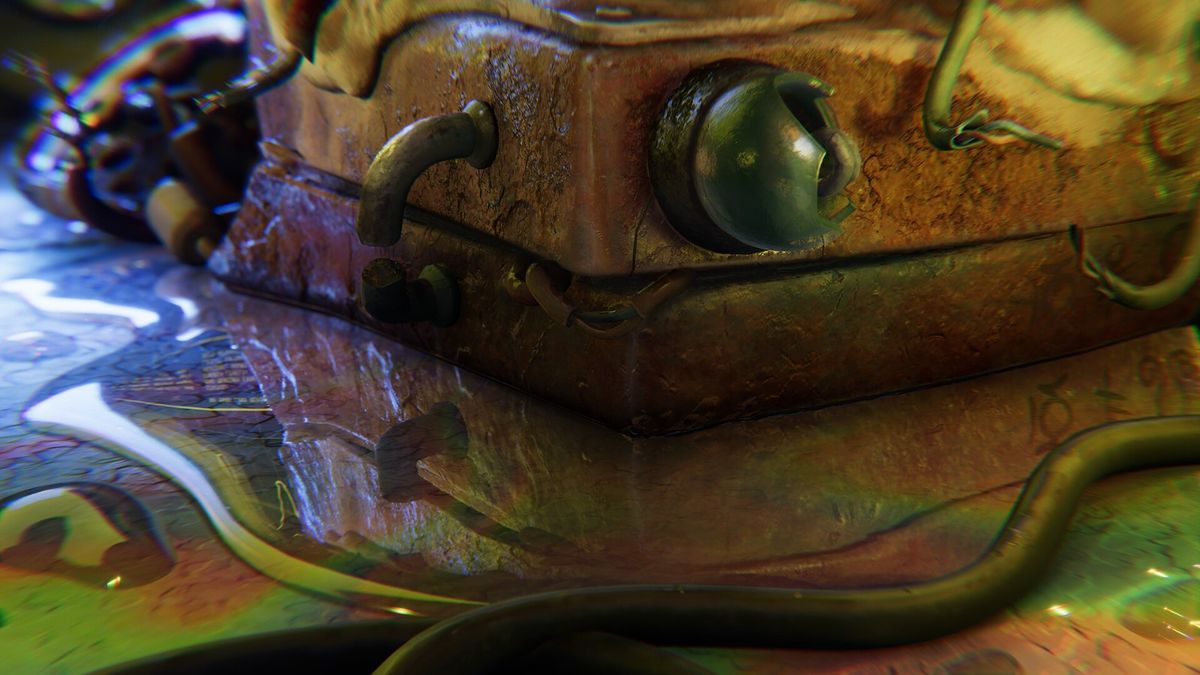 玩家角色站在巨大齿轮装置前，周围漂浮着发光谜题模块，科技与神秘感交融