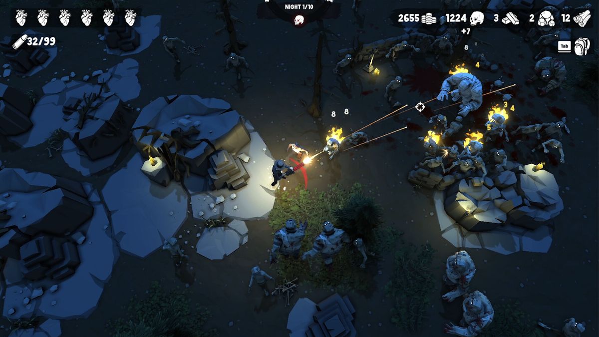 夜晚战斗场景，主角被大量僵尸包围，屏幕布满子弹轨迹与爆炸特效，战斗激烈