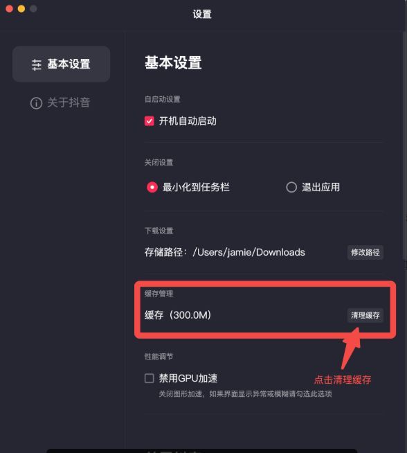 抖音客户端设置界面截图，展示清理缓存选项的位置，界面清晰可见操作路径