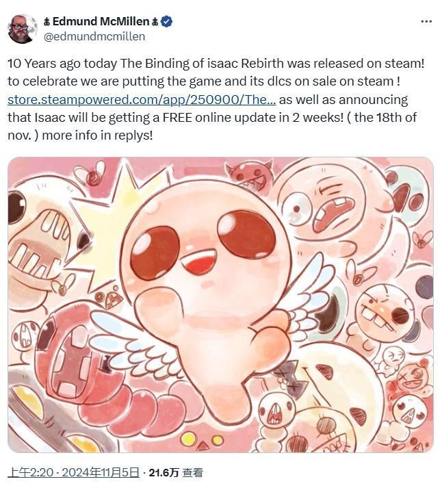 《以撒的结合：重生》游戏封面艺术图，画面中以撒跪地祈祷，周围环绕着血迹与宗教符号，整体风格暗黑诡异