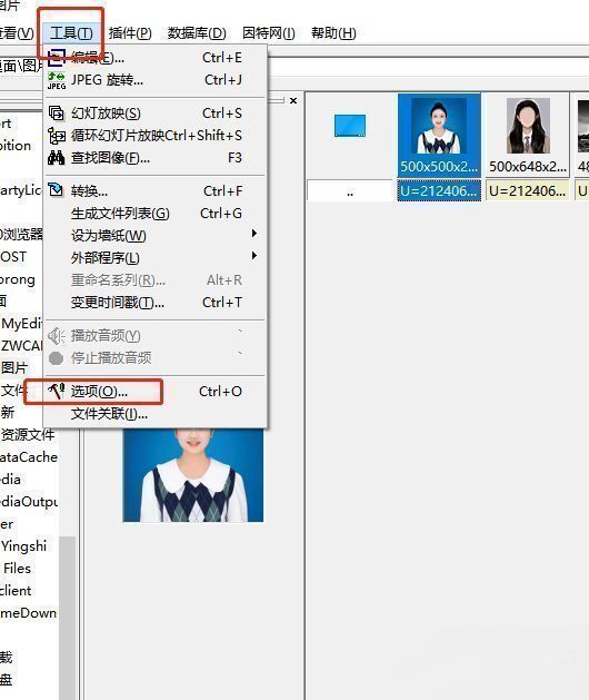 ACDSee软件界面，工具菜单下拉显示选项按钮被选中