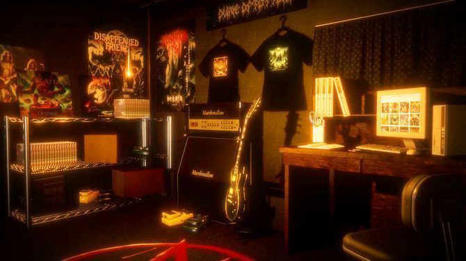 主角站在昏暗走廊中，前方门缝透出微弱红光，气氛压抑而神秘