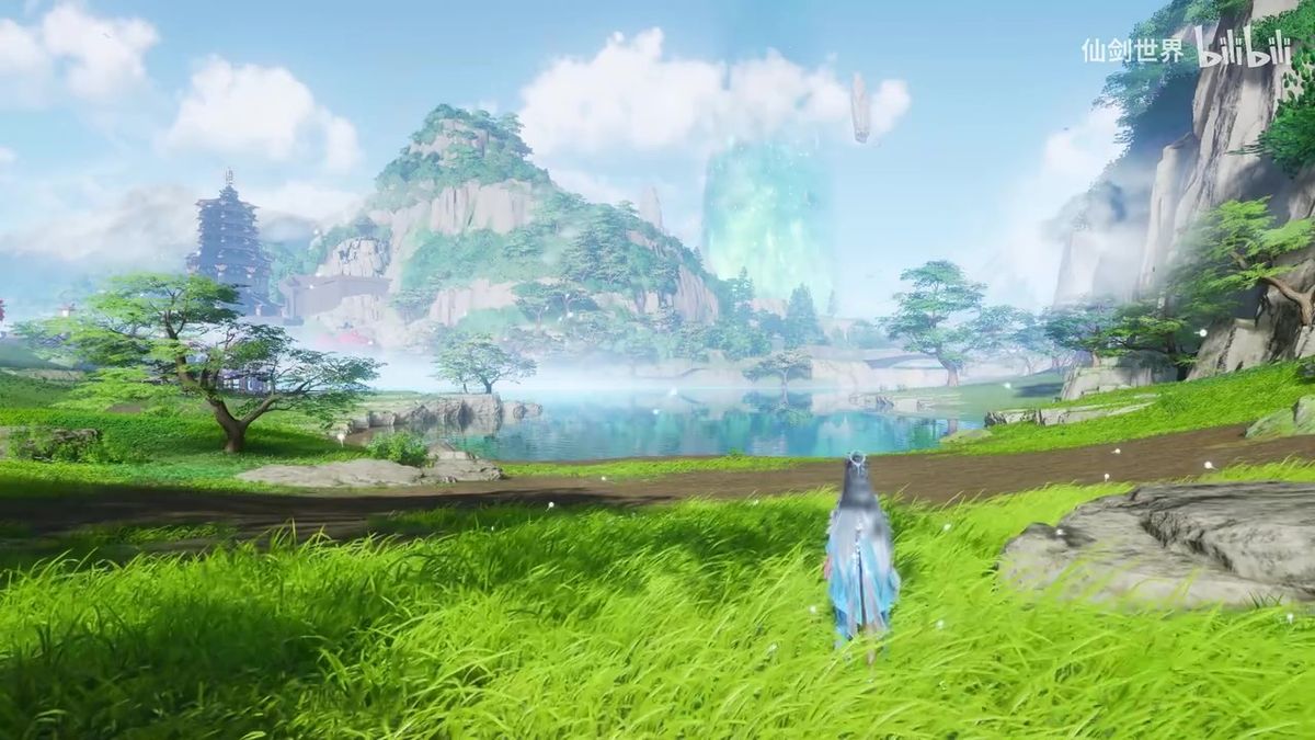 《仙剑世界》游戏画面展示蜀山仙景，云雾缭绕，建筑古朴典雅
