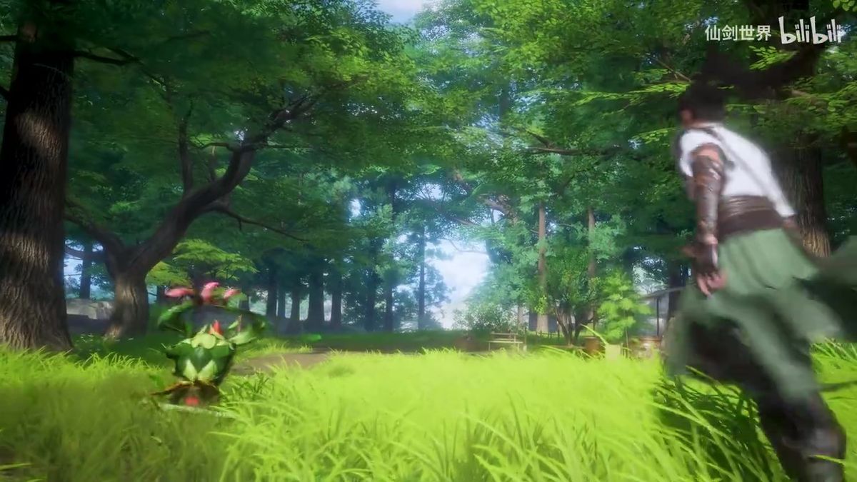 玩家角色御剑飞行于群山之上的场景，天空霞光万丈，气势恢宏