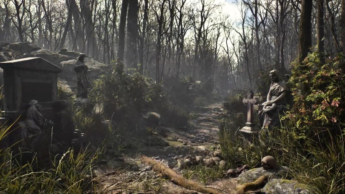 森林场景中阳光透过树叶洒落，地面湿滑反光，环境细节极为丰富