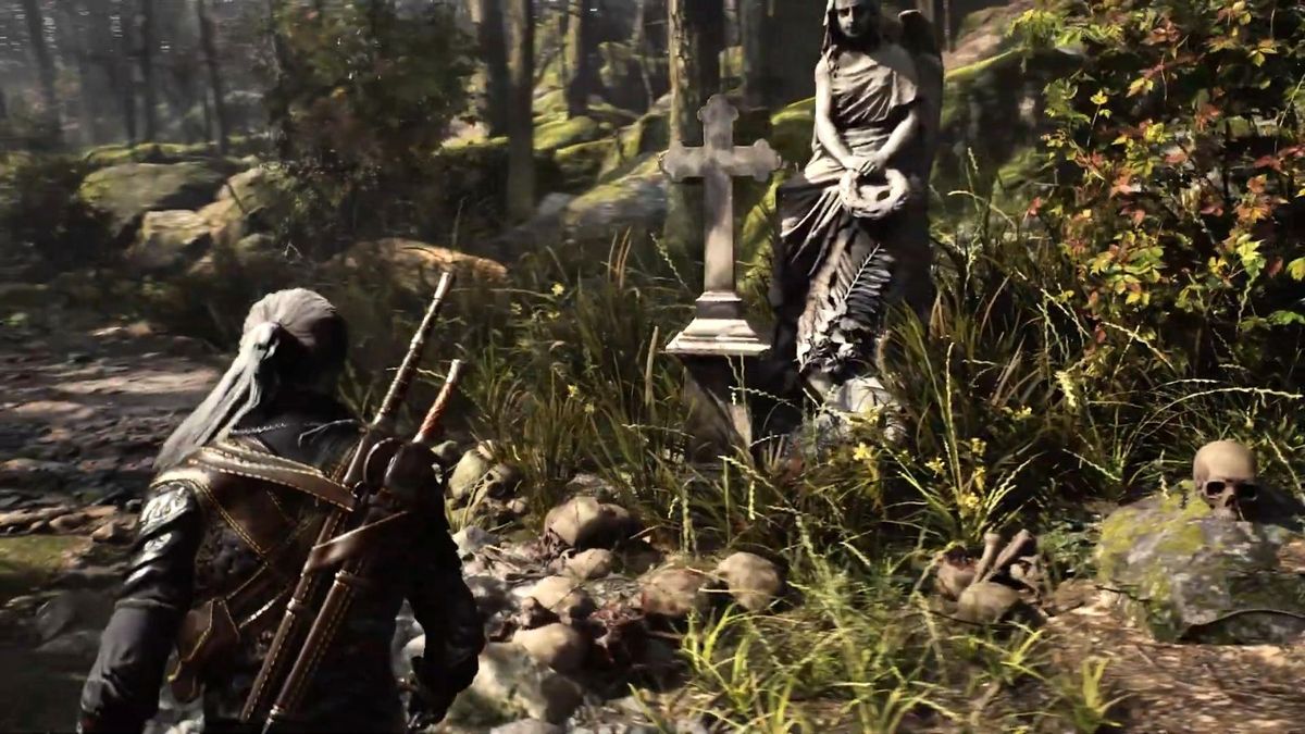 雪地遗迹中角色探索，雪花缓缓飘落，远处有倒塌的古代石像