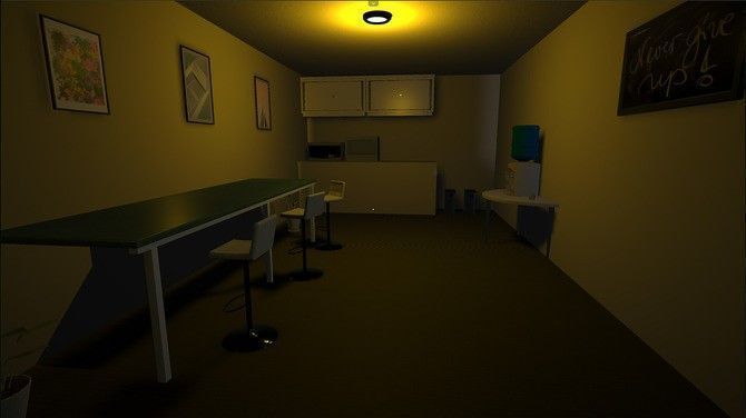 游戏中昏暗办公室场景，电脑屏幕闪烁异常红光，桌面上散落着写满符号的纸张