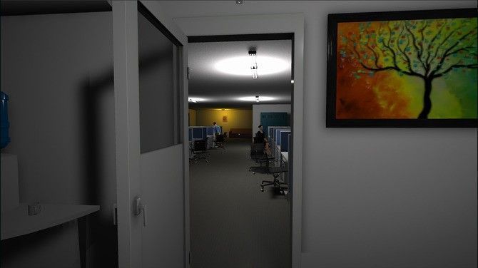 主角站在镜前，镜中倒影却与现实动作不同步，营造强烈不安感