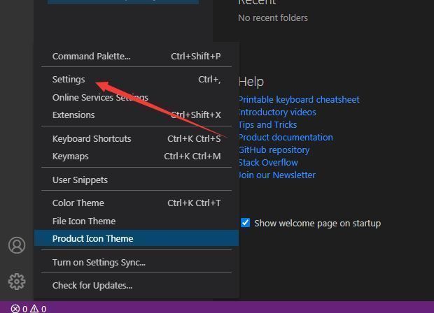 VSCode设置菜单展开状态，突出显示Settings选项