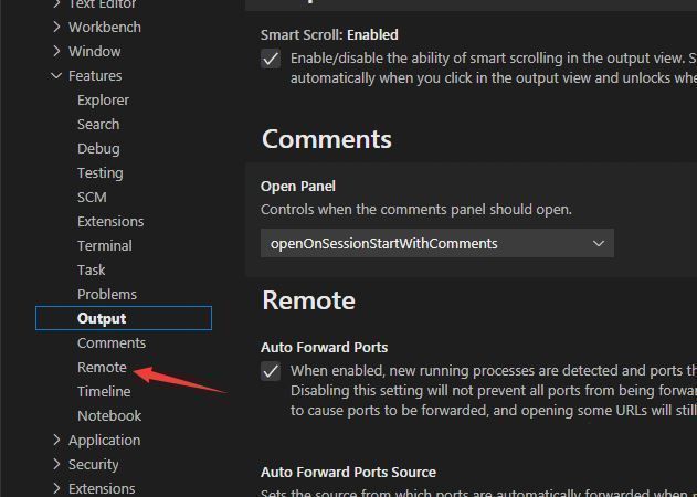 VSCode设置页面左侧栏Remote选项高亮显示