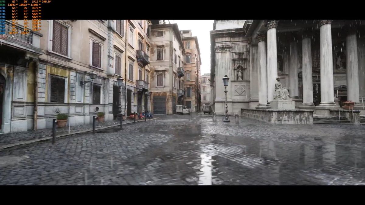 阴天模式下的街道全景，云层厚重，地面湿漉反光，极具真实感