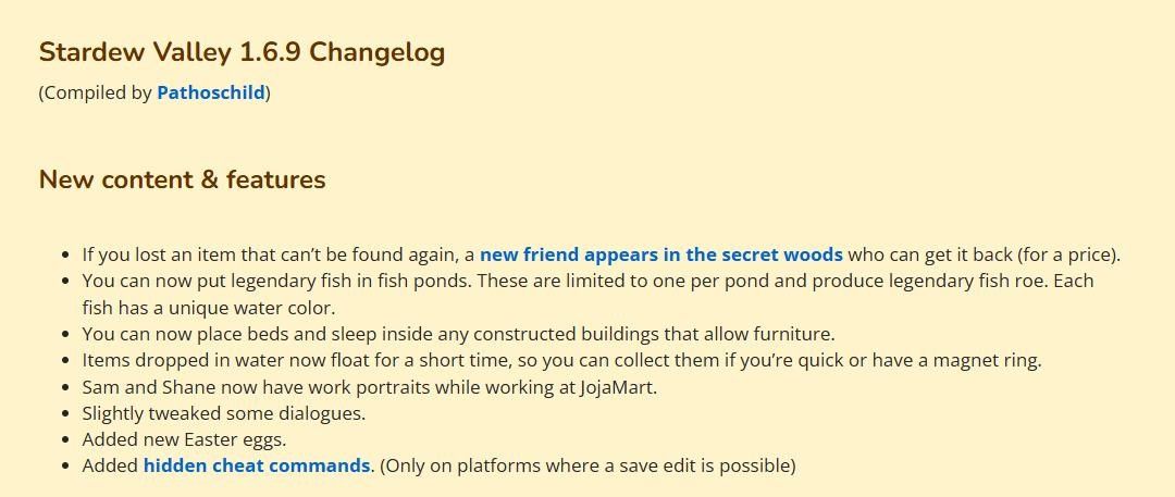 《星露谷物语》1.6.9版本更新公告界面，展示主要更新内容与平台信息