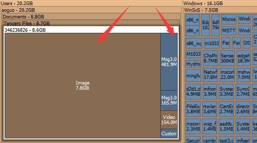 SpaceSniffer界面中黄色代表文件夹，蓝色代表文件，图示image为黄色文件夹，msg3.0为蓝色文件