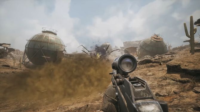 《Pioner》游戏主视觉图，展现荒芜的废土环境与全副武装的玩家角色在辐射区中前行的紧张氛围