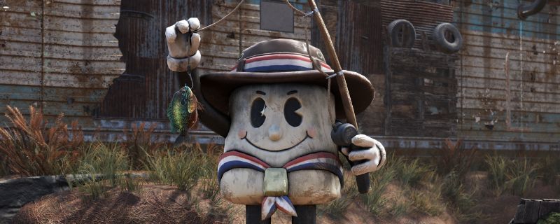 《辐射76》先锋童子军营地外观全景，营地中央设有测验终端机与训练靶场