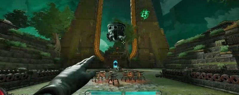 《深渊之潮》中无限炮台流战斗画面，角色周围环绕多个自动射击的炮台，敌人被密集弹幕覆盖