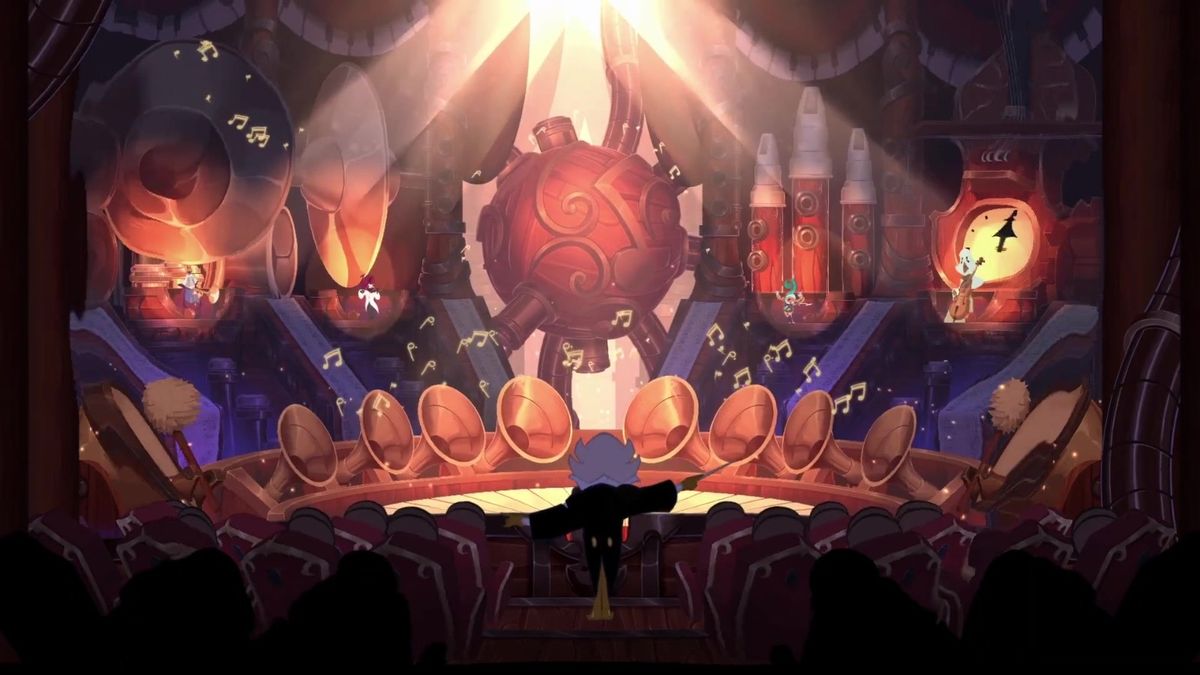 角色在高速移动中拉响小提琴，身后留下流动的音符轨迹，极具动感