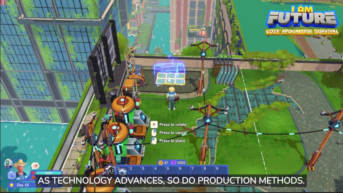 角色坐在屋顶边缘垂钓，水面倒映着晚霞，远处是沉没的城市轮廓