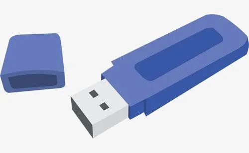 U盘插入电脑的示意图，显示U盘连接在台式机主机后方的USB接口上