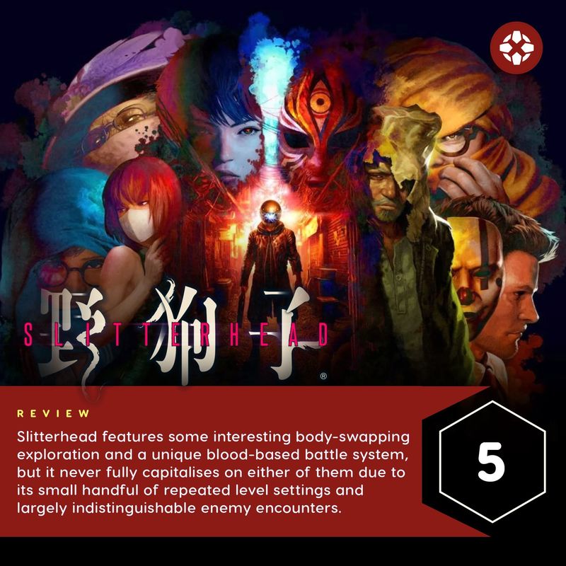 多国媒体评分汇总图，展示从5分到8.5分不等的评分分布，背景为游戏主角剪影与血迹纹理交织