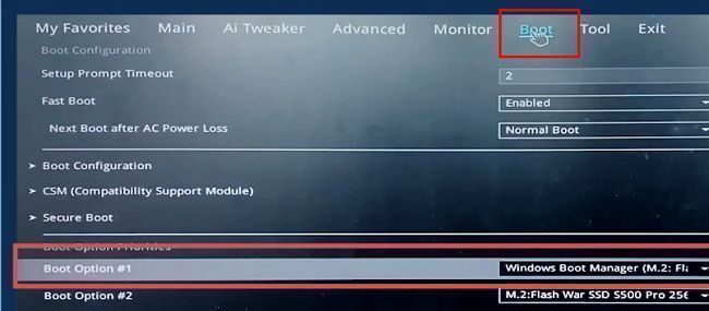 BIOS界面中的Boot选项卡页面