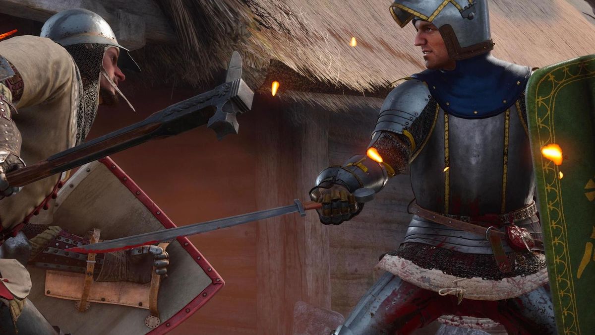 游戏角色手持不同冷兵器站立展示，背景为中世纪城堡庭院，武器细节清晰可见