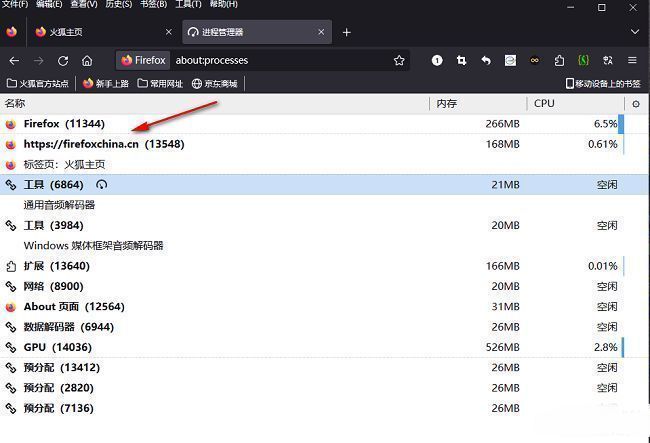 火狐任务管理器显示各进程资源占用的完整界面