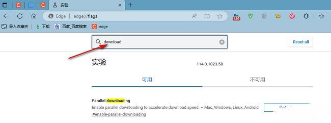 在Edge实验功能页面搜索download关键词筛选相关选项