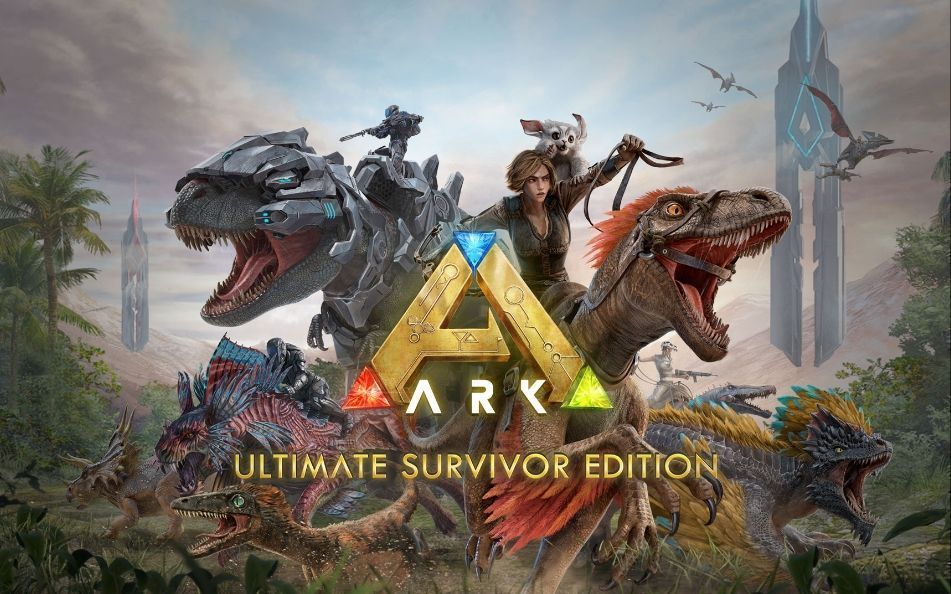 《方舟：终极移动版》界面展示，玩家在孤岛上驯服恐龙，背景为移动设备操作界面