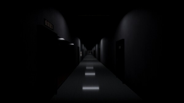 游戏中角色站在空旷的办公区，桌椅整齐排列，天花板滴水，光线昏黄